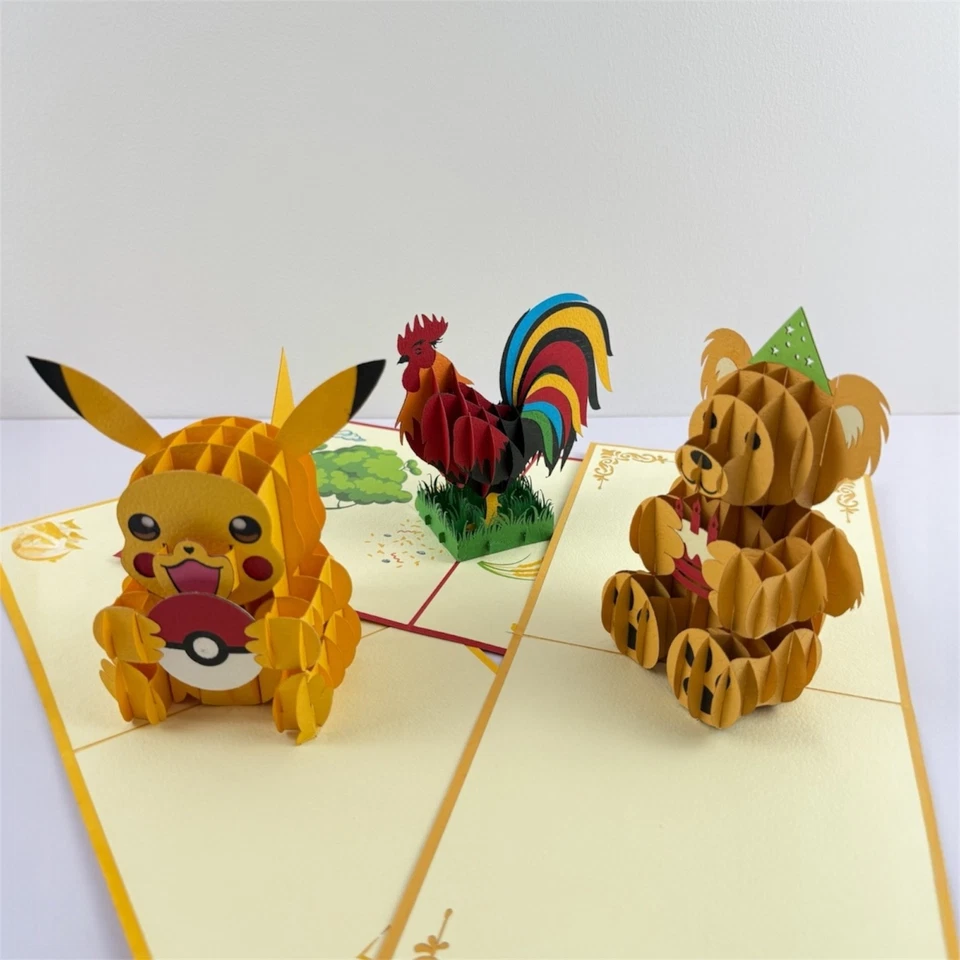Set of 3 Pop Up 3D Cards Pikachu, Chicken, Bear Handmade Greeting Gift - Image 3 of 4