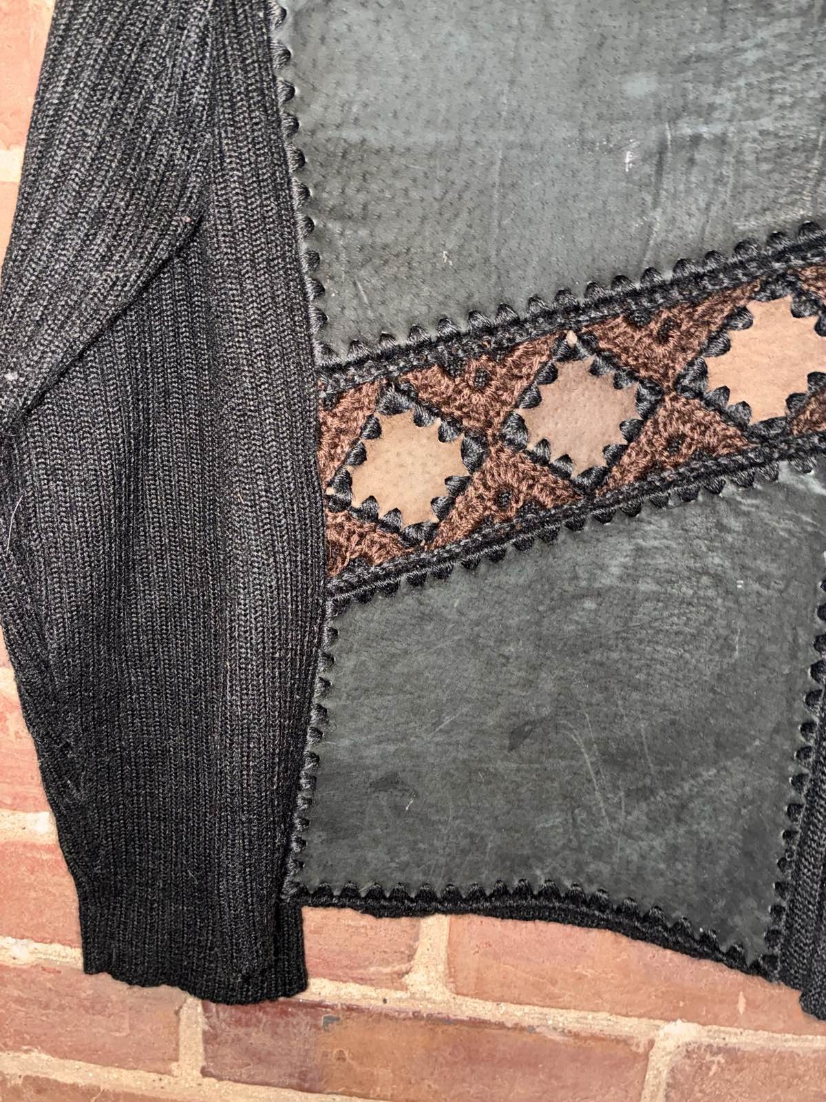 Gizel Patchwork Authentic Leather Knit Jacket Bla… - image 4