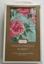 Mud Pie Baby Girls Pink Rose Green Floral Muslin Swaddle Blanket In Box New