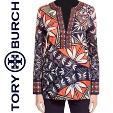 Tory Burch 100% Cotton Pottery Placed Navy & Orange Tunic Top Luxury Size 4