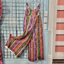 Vintage 60s Floral Rainbow Jumpsuit XS/S Empire Waist Palazzo Pant Maxi Dress