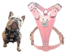 Baby Pink Leather Dog Harness with French Bulldog Head for Fully Grown Frenchies