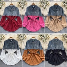 Women Denim Short Shirt Dress Patchwork Drawstring Waist Long Sleeve Button