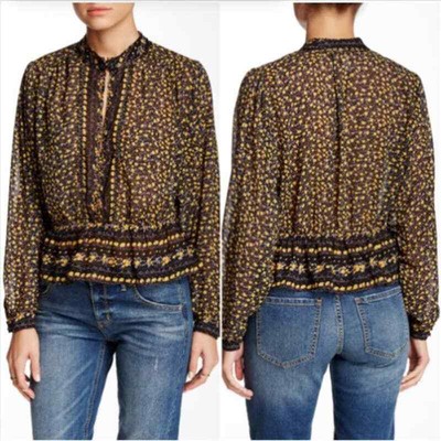 Free People If I Had You Print Beaded Long Sleeve Sheer Boho Blouse Size Small