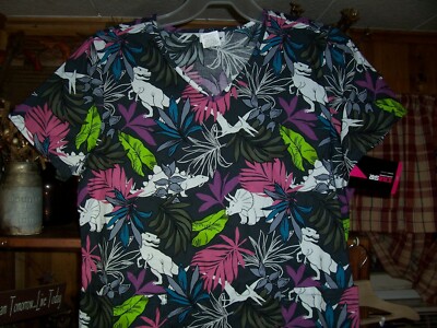 SCRUBSTAR LADIES DINOSAUR THEME NURSING SCRUB TOP SIZE MED 2 FRONT POCKETS NEW