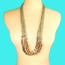 32" Multi Strand Aqua Color Boho Handmade Seed Bead Silvertone Necklace