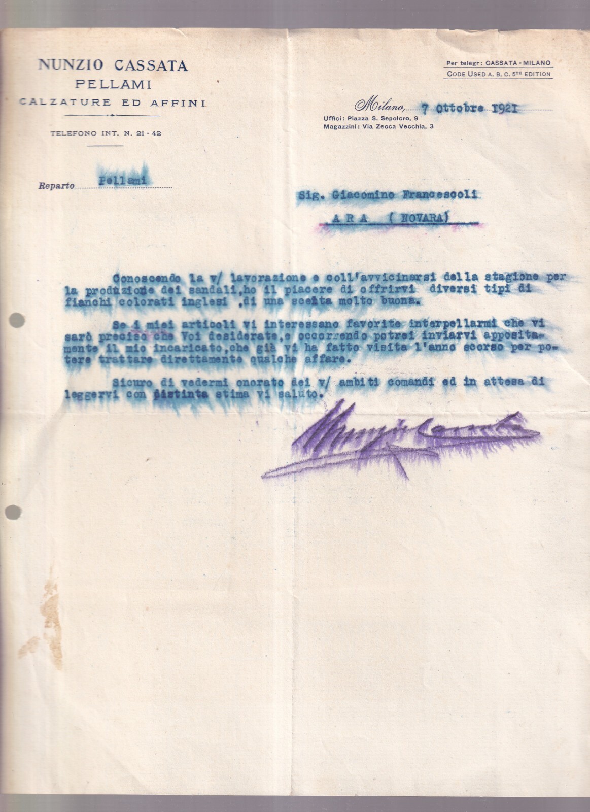 Carta Intestata Milano Pellami Calzature Affini Cassata 1921 QX3363