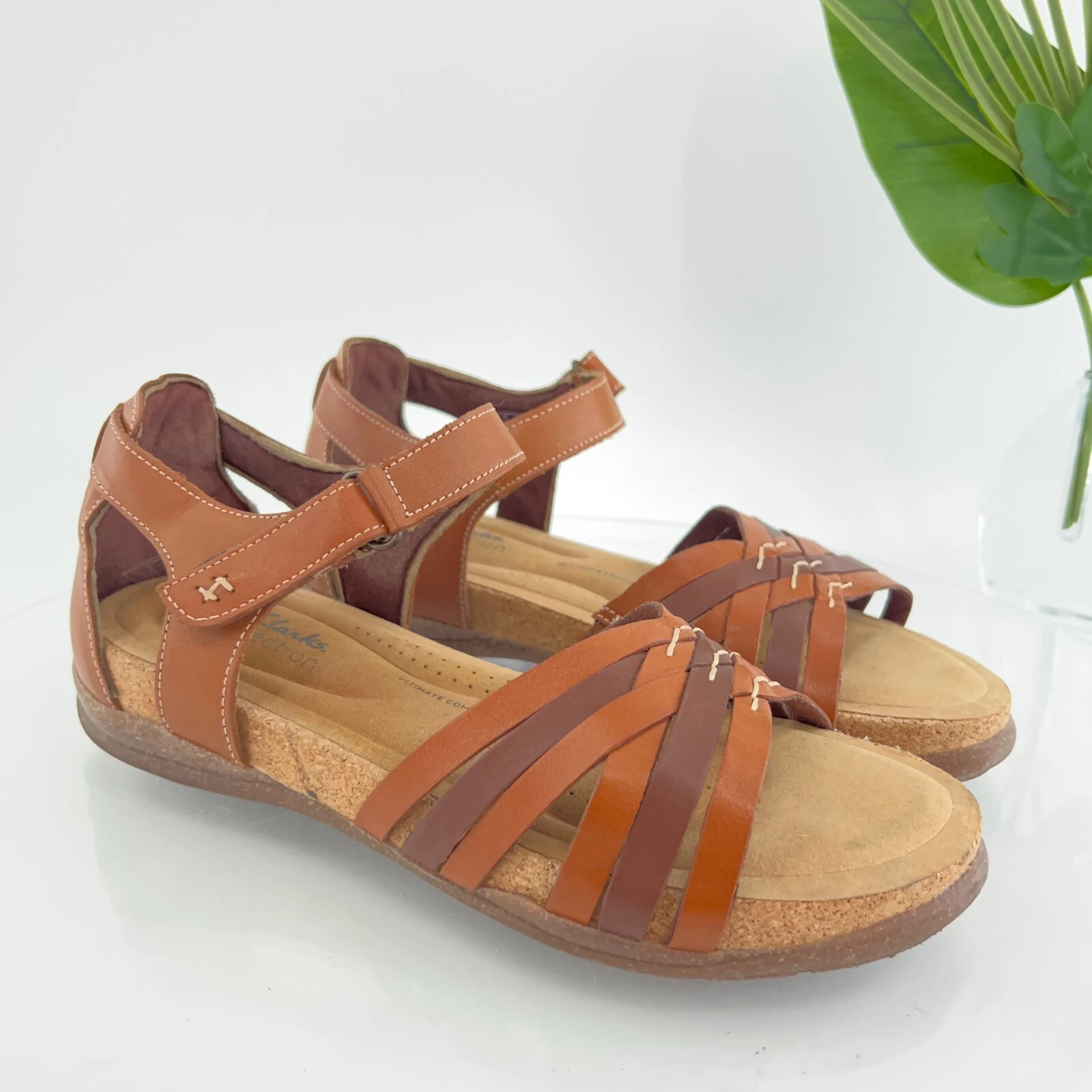 Sandalo donna Clarks Roseville Cove taglia 9 5 pelle marrone sughero zeppa casual