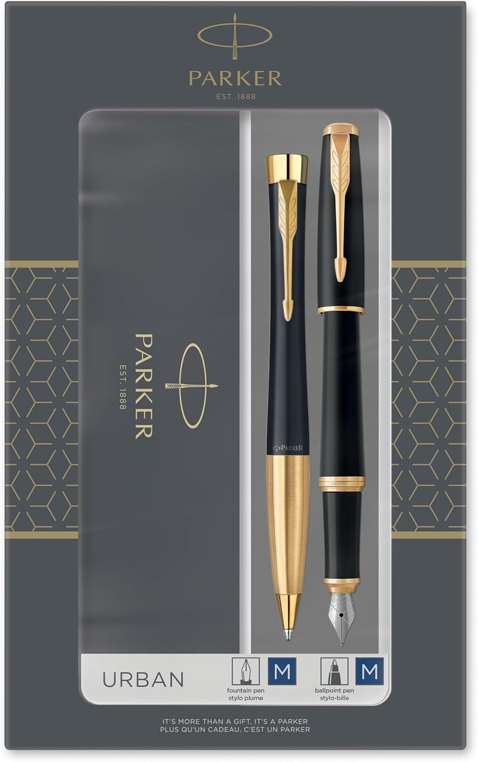 Parker Urban Duo- Penna Sfera+Stilog- Nero Opaco, Finiture Oro, 1X Ink Blu+ Nero