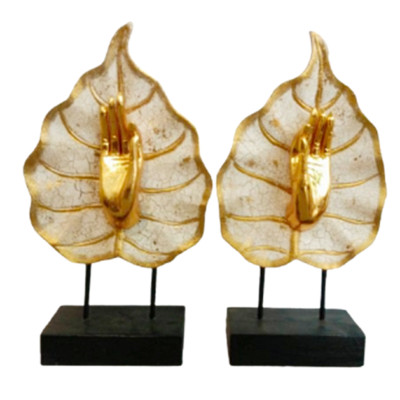 14'' x 8'' Set of 2 Woodcarving Blessing Buddha Hand In Bodhi Leaf Home Decor DHL