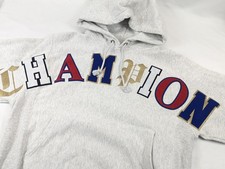 Champion Reverse Weave Hoodie Sweatshirt Mens Small Gray Spellout Logo