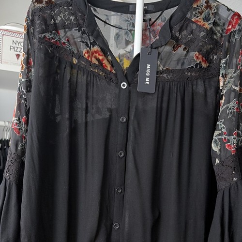 Miss Me Black Floral Lace Sheer V-Neck Button-Up Long Sleeve Blouse L