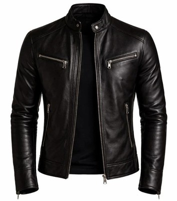 Men's Black Genuine Leather Jacket Biker Slim Fit Motorcycle Cafe Racer Zip Coat