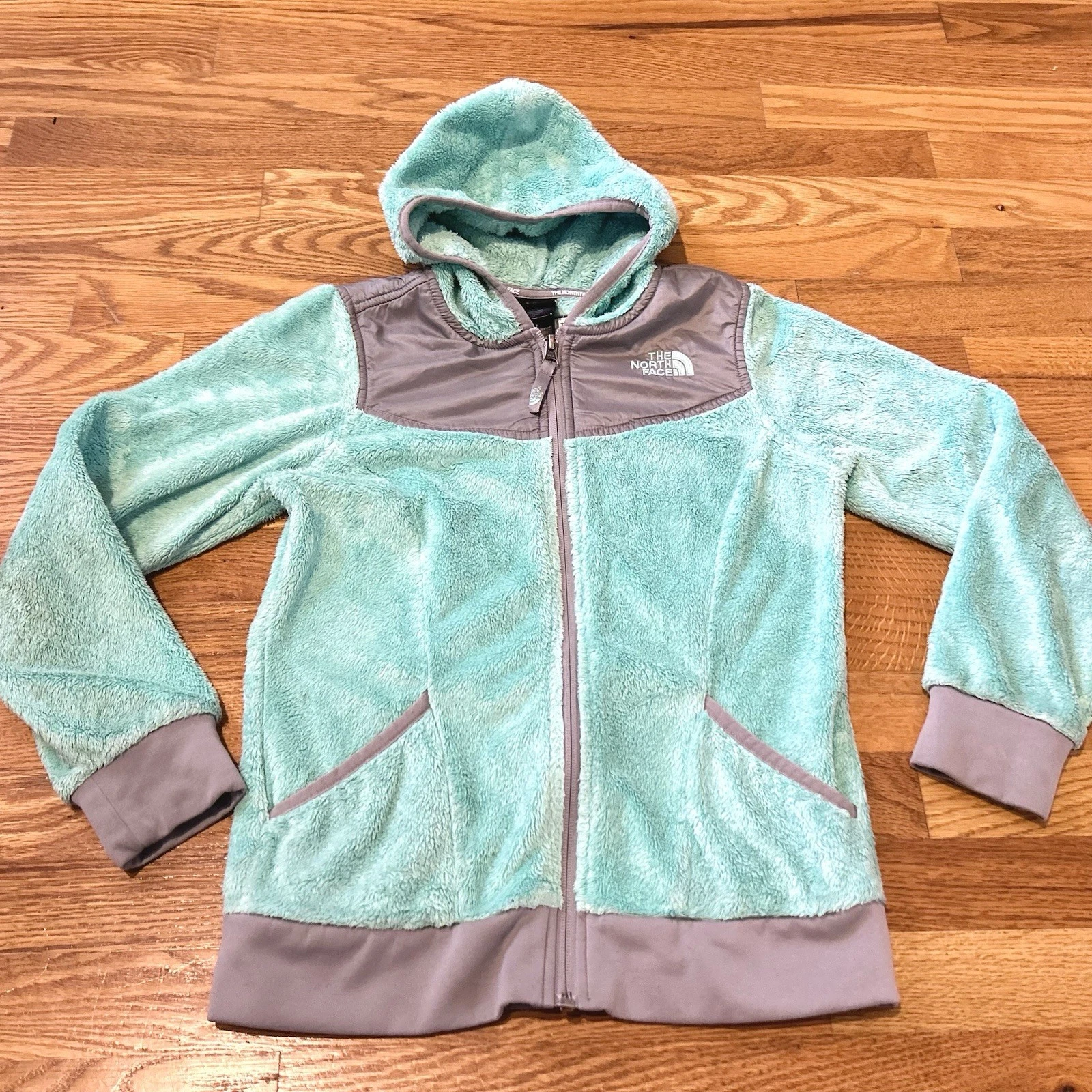 The North Face Kids Aqua Blue and Gray Fleece Hooded Full Zip Jacket, Size 10/12
