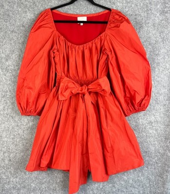 Cinq A Sept Delilah Dress Womens 10 Fire Coral Puff Sleeve Tie Waist Cocktail