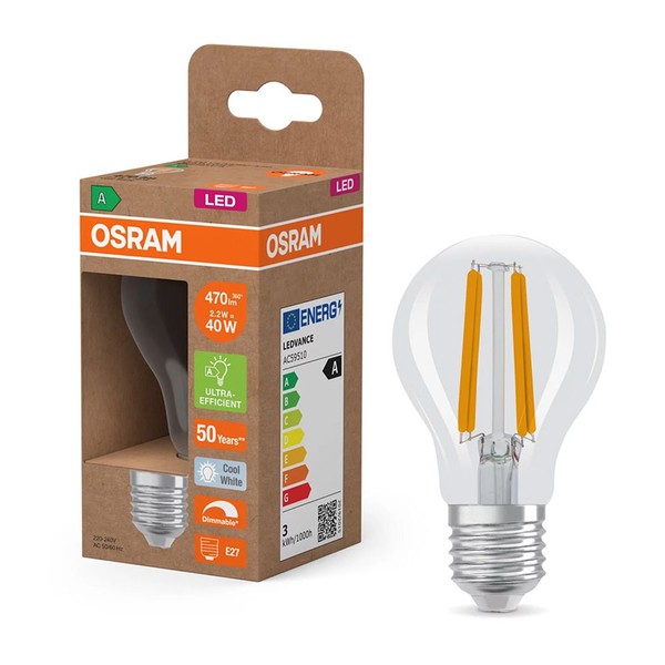 Osram LED Filament A60 Birne 2,2W = 40W E27 Klar 4000K Dimmbar Ultra Effizient-image