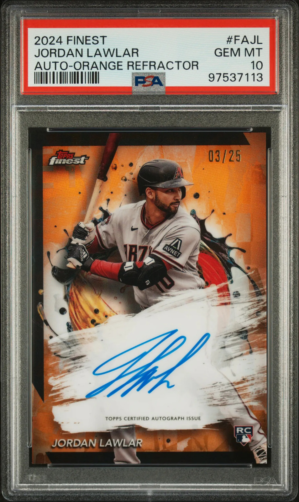 2024 Topps Finest Jordan Lawlar Orange Refractor Auto Rookie #FA-JL /25 PSA 10