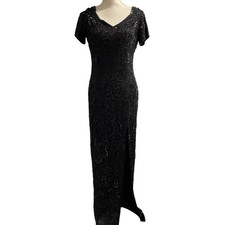 Adrianna Papell Evening Dress Gown Black Full Sequin Column Size 8 Prom Event