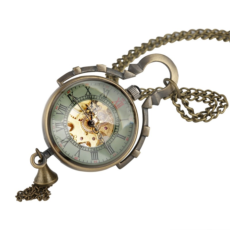 Transparent Glass Ball Pocket Watch See-Through Mechanical Hand-Wind with Chain