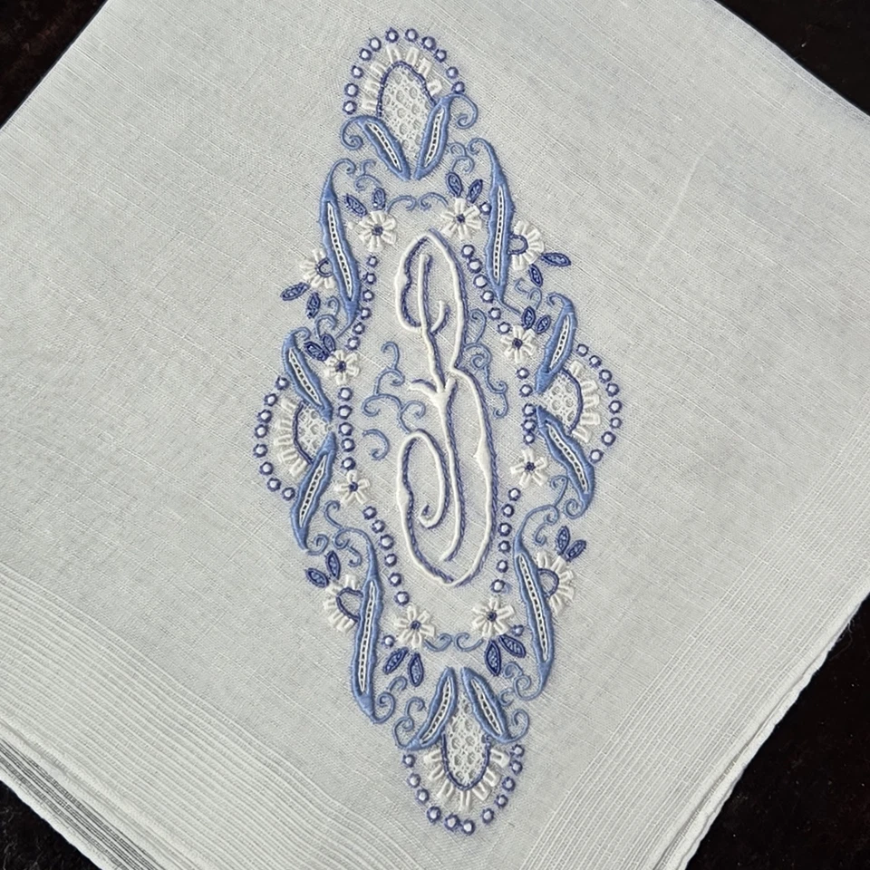 Vtg Exceptional Madeira Embroidered Cotton Linen Hankie Handkerchief Monogram B - Image 2 of 4