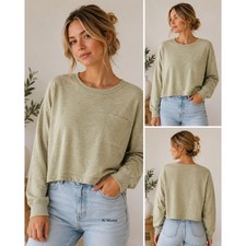 New T/S By Thrive Cropped Sweatshirt Womens XL Green Slub Knit Boxy Pocket