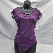 NWT Purple Capezio Studio Collection Mesh Yoke Capped Short Sleeve Leotard, Spot