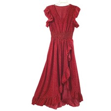 Womens Red Polka Dot Maxi Dress Size 6 Cottagecore V-Neck Smocked Waist Feminine