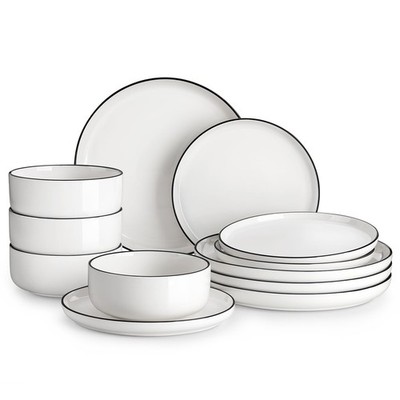 MALACASA Plates and Bowls Sets, 12 Pcs (Service for 4), Ivory White-Black Rim 