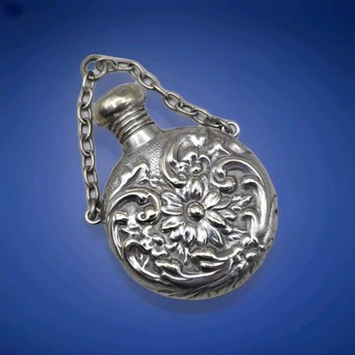 Vintage silberfarben graviert Parfüm Flakon Chatelaine Anhänger Schraubverschluss Floral