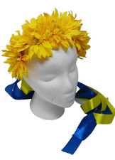 Ukrainian Yellow Flowers Headband Vinok with Blue and Yellow Ribbons