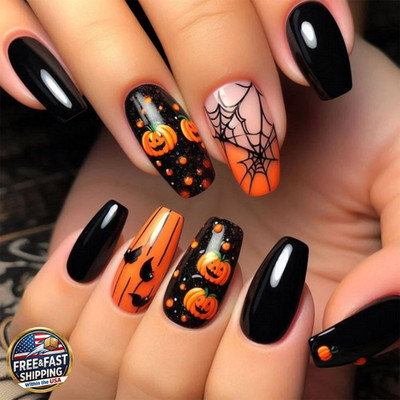 Halloween Press on Nails Pumpkin Spiderweb Bat French Tip Medium Square D261