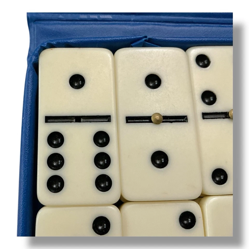 Vintage Dominoes Set 28pcs W/ Blue Case Brass Spinner Double Six - Image 4 of 4