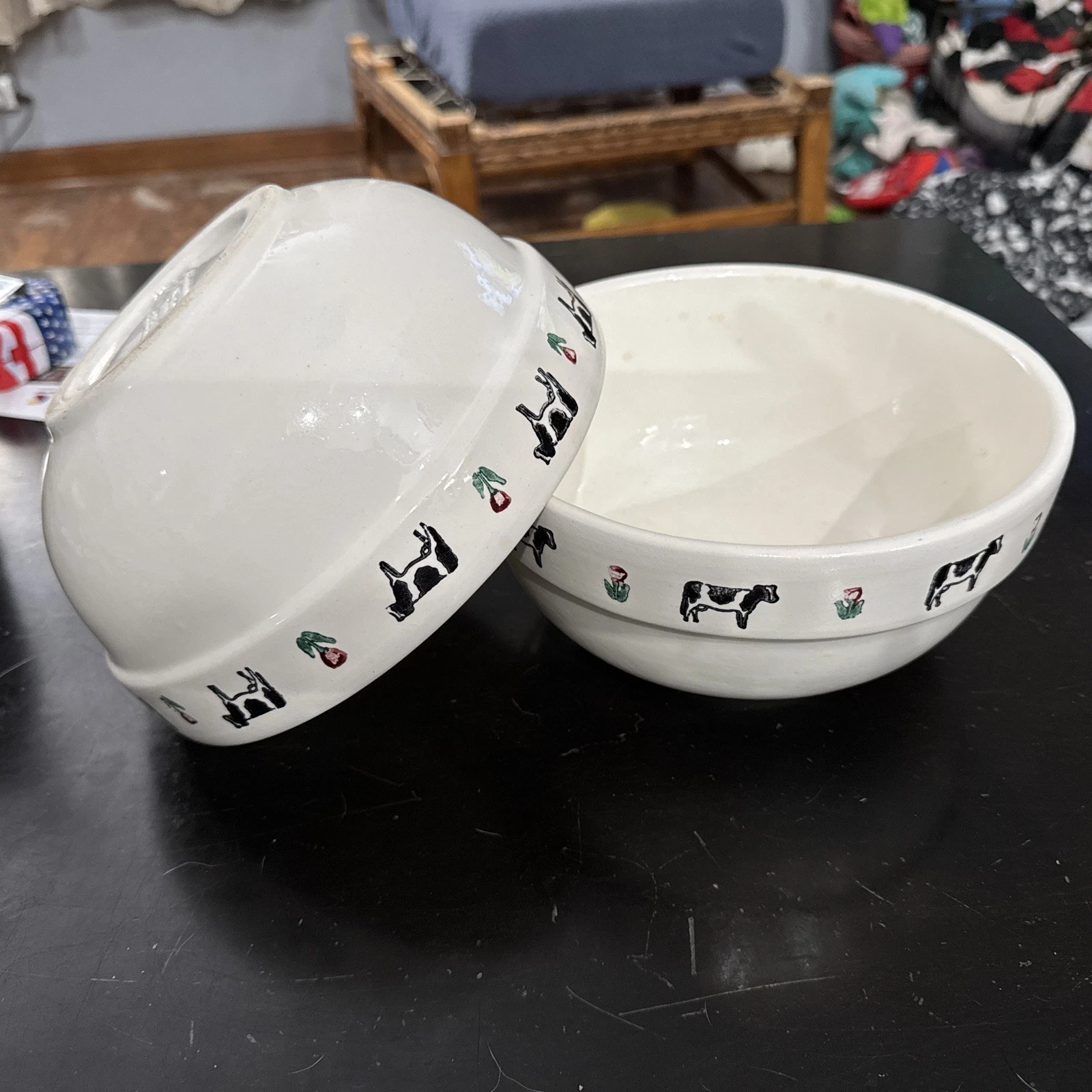 Vintage 90’s Santa Ana CA CROCK SHOP (2) Mixing Bowls Cows & Tulip 8 in