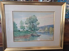 1910-1930, aquarelle, d'Émile Appay (1876-1935), "Bord de l'Oise"