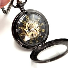 Mechanical Skeleton Pocket Watch Black Gold Tone 47mm Manual Wind 12" Chain