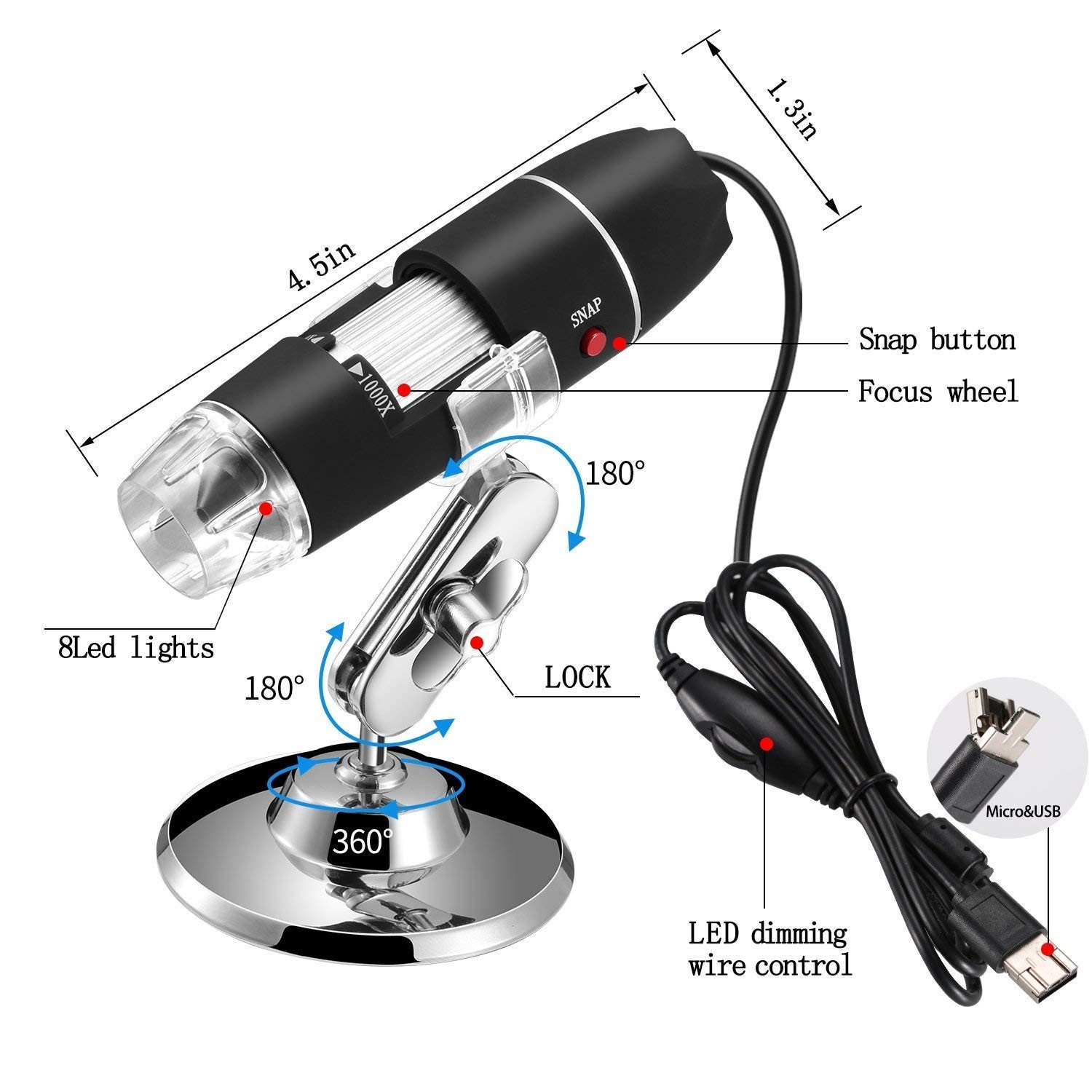 40 to 1000x Magnification Endoscope, 8 LED USB 2.0 Digital Microscope, Mini C...