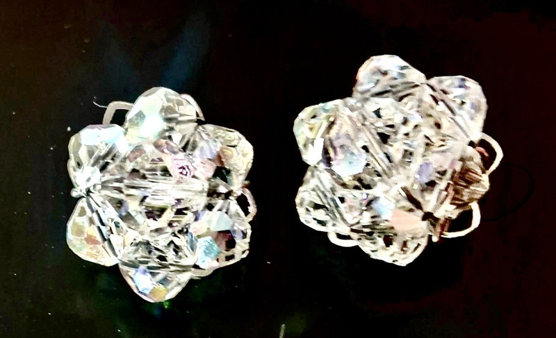 Vintage Crystal Aurora Borealis (AB) Bead Cluster Clip-On Huggie Earrings