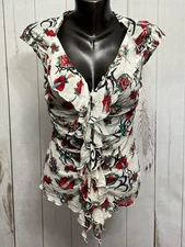 Escada Silk Blouse 38 Medium Roses Floral Lightweight Button Designer Top