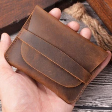 GREAT LEATHER Men Small ID Credit Card Wallet Holder Slim Case Pocket Brown NEW