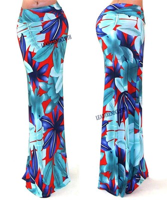 Buy NEW COLORFUL JUNGLE LEAVES POLYESTER HIGH WAIST FOLDOVER LONG MAXI SKIRT L with Paypal