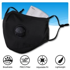 Reusable and Washable Cloth Cotton Face Mask Air Valve PM2.5 Carbon Filter Black