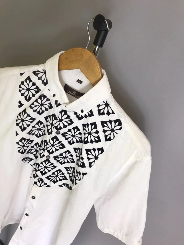 Roberto Cavalli мужская рубашка на пуговицах белый черный платье короткий рукав Sz XL - Изображение 3 из 4