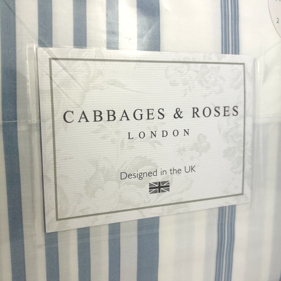 Cabbages & Roses KING Jolly Strip Sheet Set Luxury Cotton Percale Blue White - Image 3 of 4