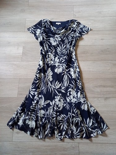 Debenhams dunkelblau Blumen transparent Midi ausgestellt Kleid Smart Anlass Hochzeit UK18