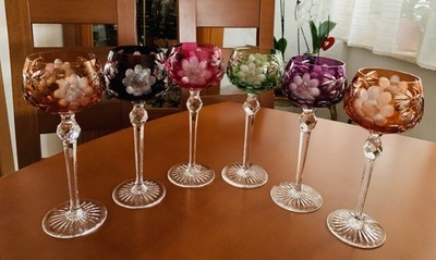 Val Saint Lambert 6 Kristall Gläser Römergläser bunte Überfang Handgeschliffen 