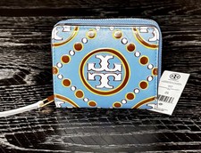 TORY BURCH NWT 228 T Monogram Contrast Blue Ivory Embossed Bi-fold Wallet
