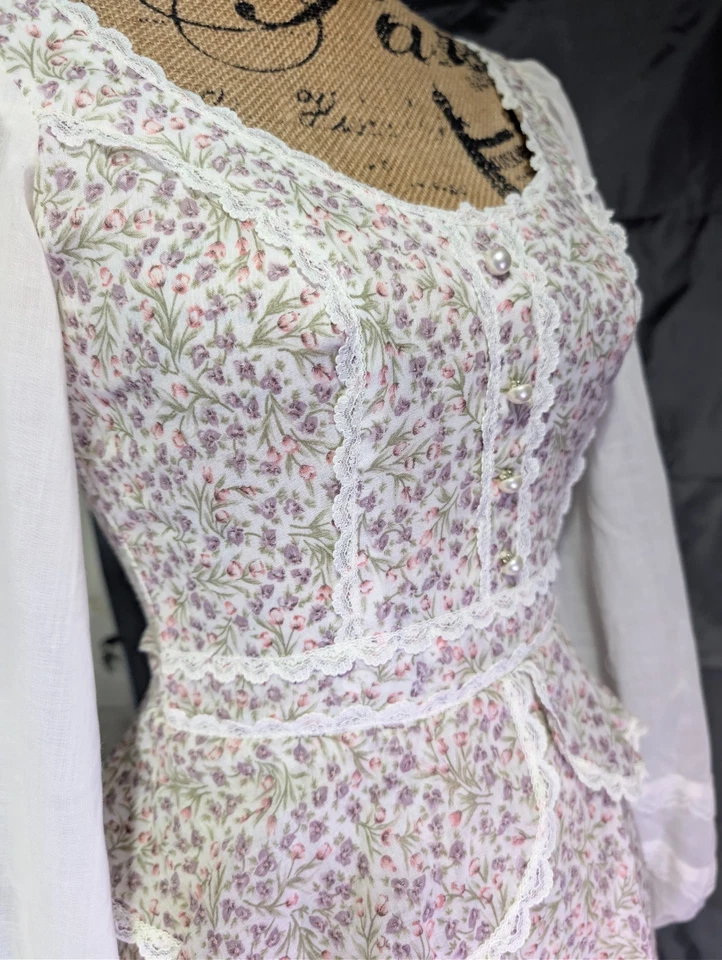 Maxi Vestido Gunne Sax Vintage Años 70 Talla 7 XXS Victoriano Calico Pradera Corsé Foto 4 de 4