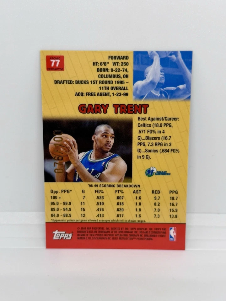1999-00 Bowman's Best GARY TRENT Atomic Refractor /100 Dallas Mavericks #77 - Image 2 of 2