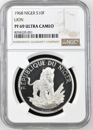 1968 Niger S10F Francs Proof Silver Coin Lion Large Type NGC PF69 Ultra Cameo