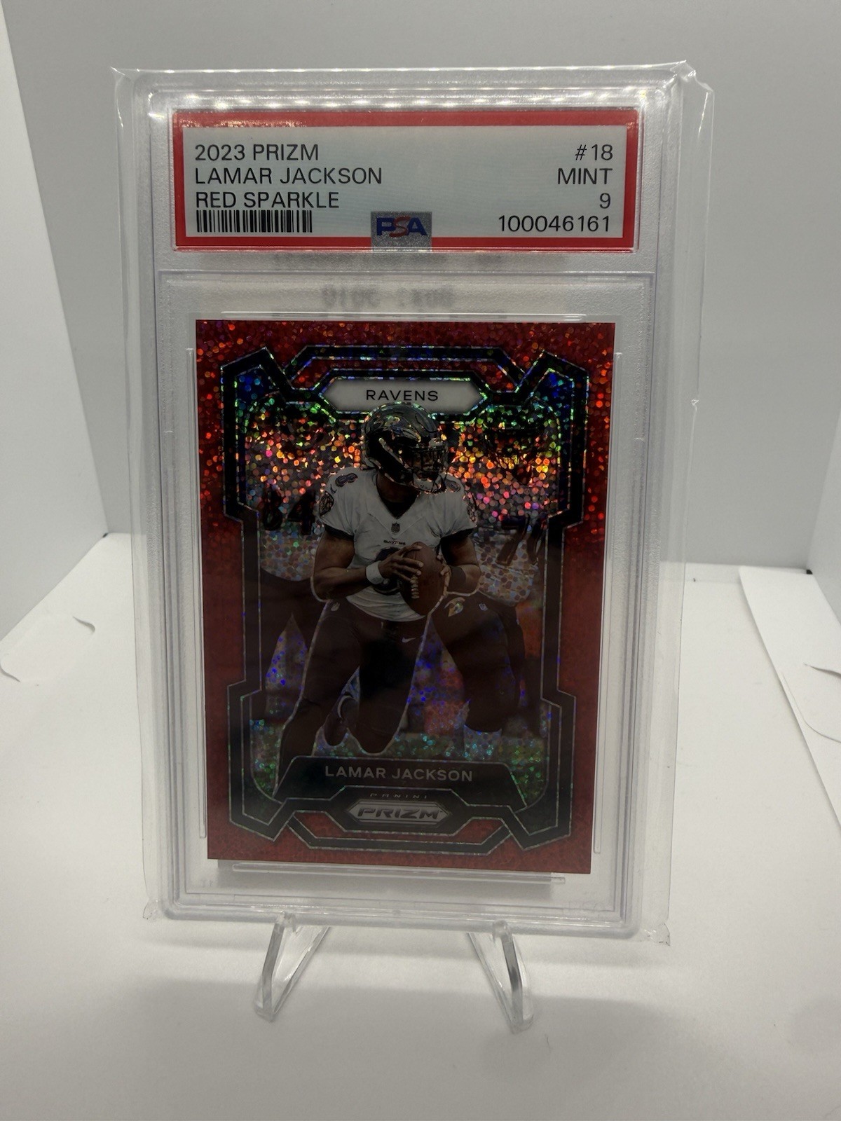 2023 Panini Prizm Red Sparkle Lamar Jackson Baltimore Ravens #18 Mint PSA 9 SP